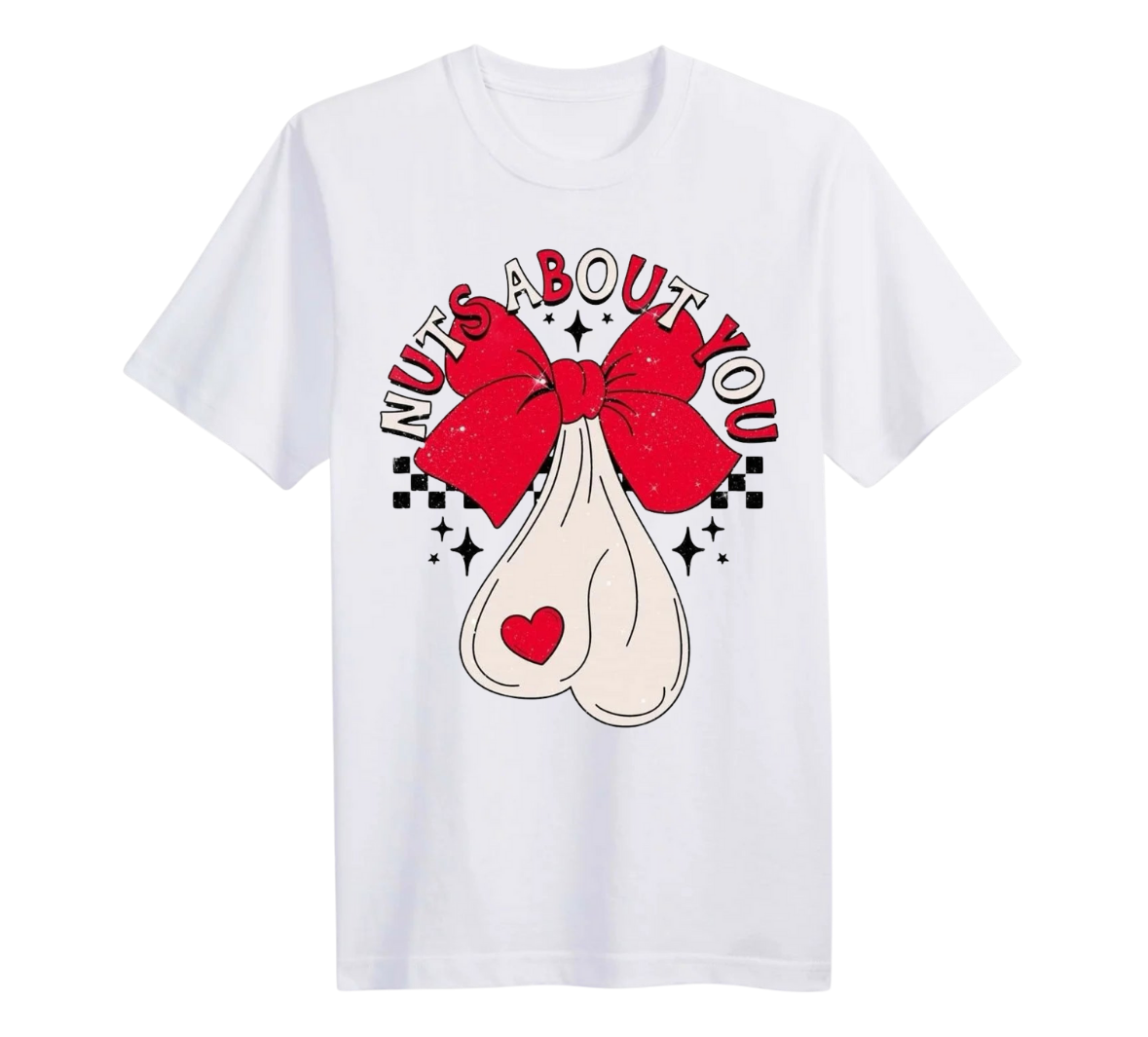 White t-shirt with a graphic design featuring a red bow and text on a white background