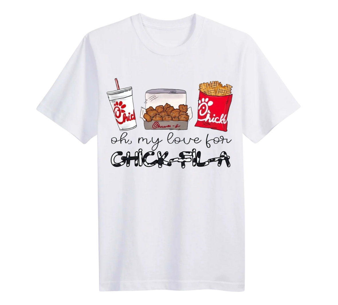 White t-shirt with Chick-fil-themed graphics and text on a white background