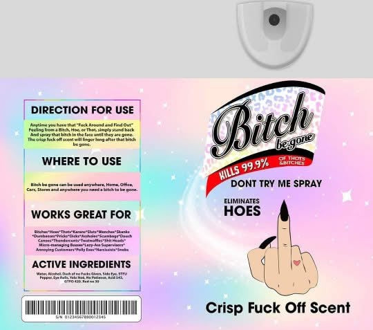 Product label with humorous and offensive text on a colorful pastel background