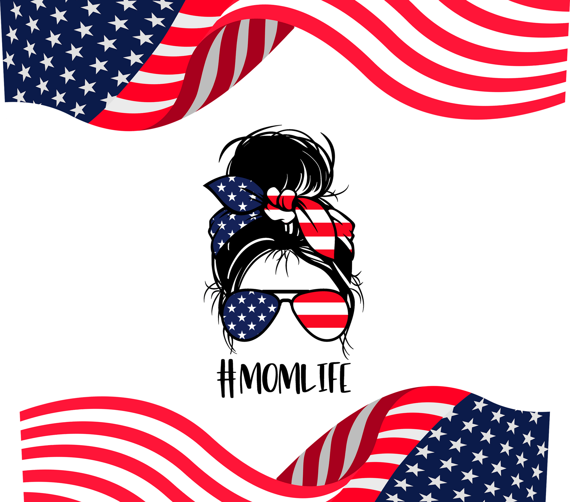 Design with American flag-themed hair accessory and sunglasses, featuring '#MOMLIFE' text.
