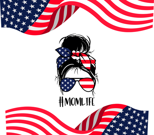 Design with American flag-themed hair accessory and sunglasses, featuring '#MOMLIFE' text.