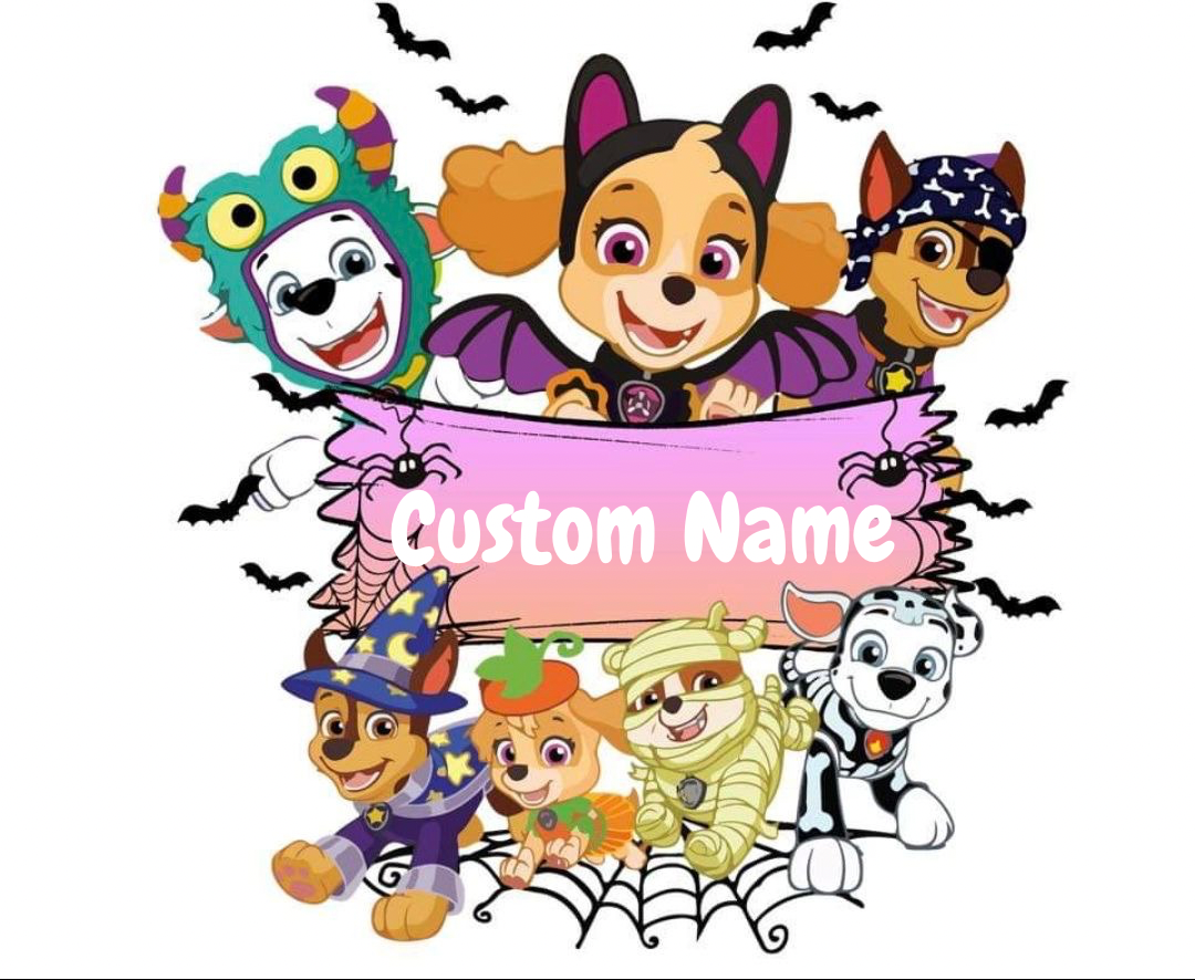 Cartoon characters in Halloween costumes with a customizable name banner on a white background.