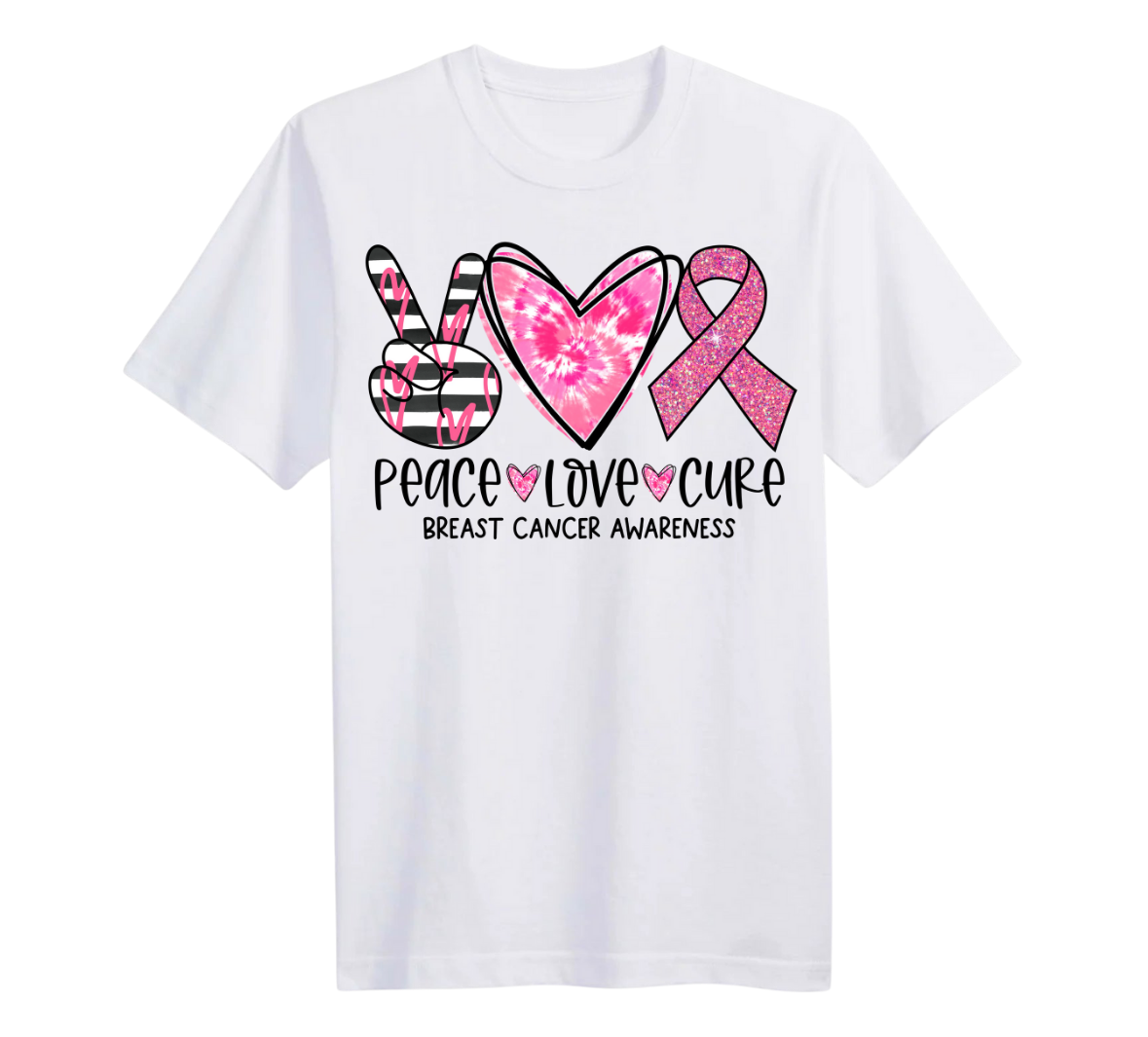 White t-shirt with pink ribbon, heart, and peace sign design for breast cancer awareness on a white background.