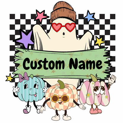 Cartoon ghost with colorful stars and pumpkins on a checkered background