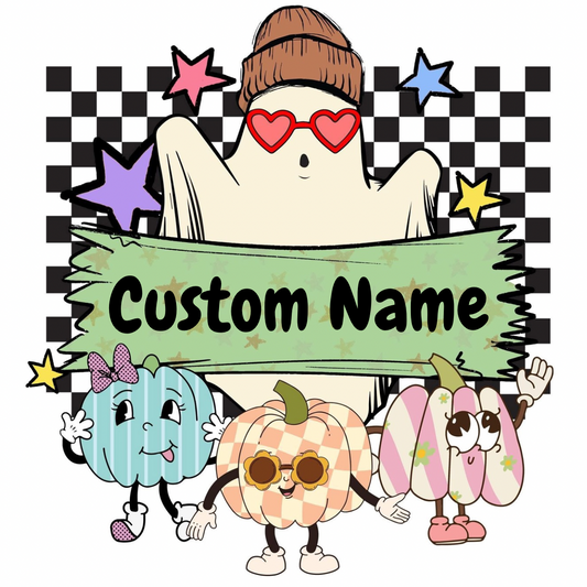 Cartoon ghost with colorful stars and pumpkins on a checkered background