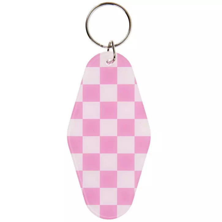 Pink and white checkered keychain on a white background