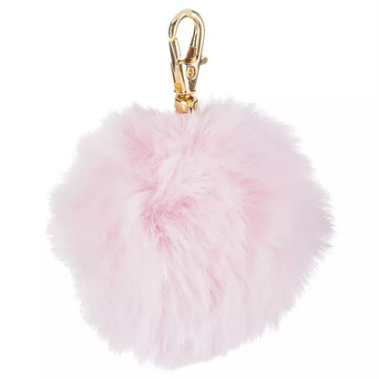 Pink fluffy keychain with a gold clasp on a white background