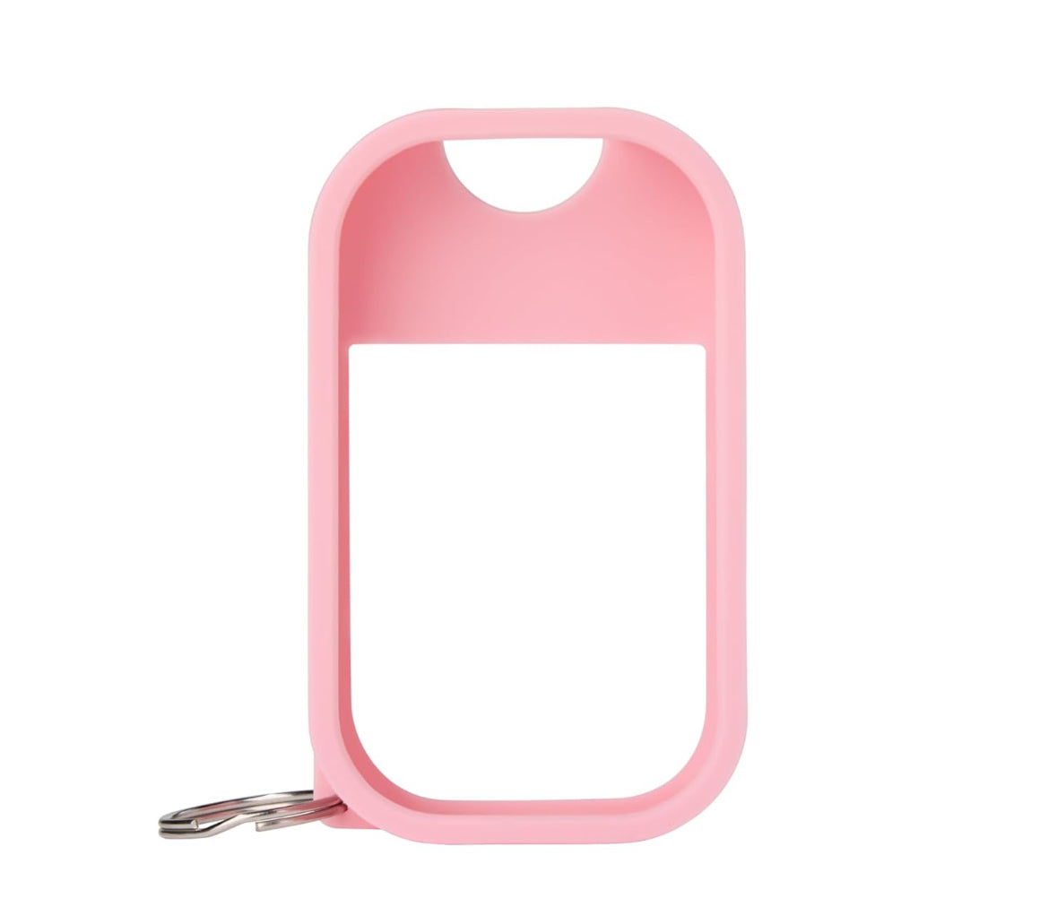 Pink hand sanitizer keychain with a white background.