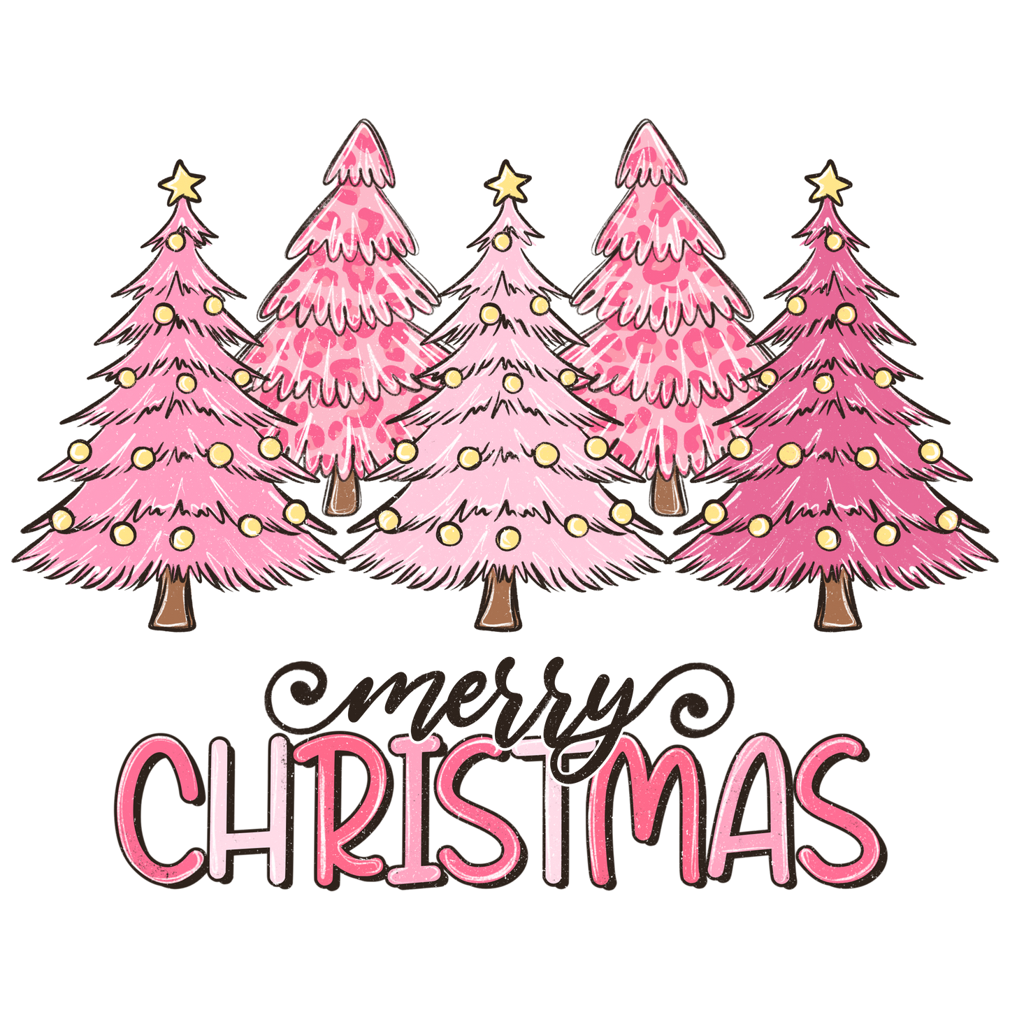 Pink Christmas trees with lights and 'Merry Christmas' text on a white background