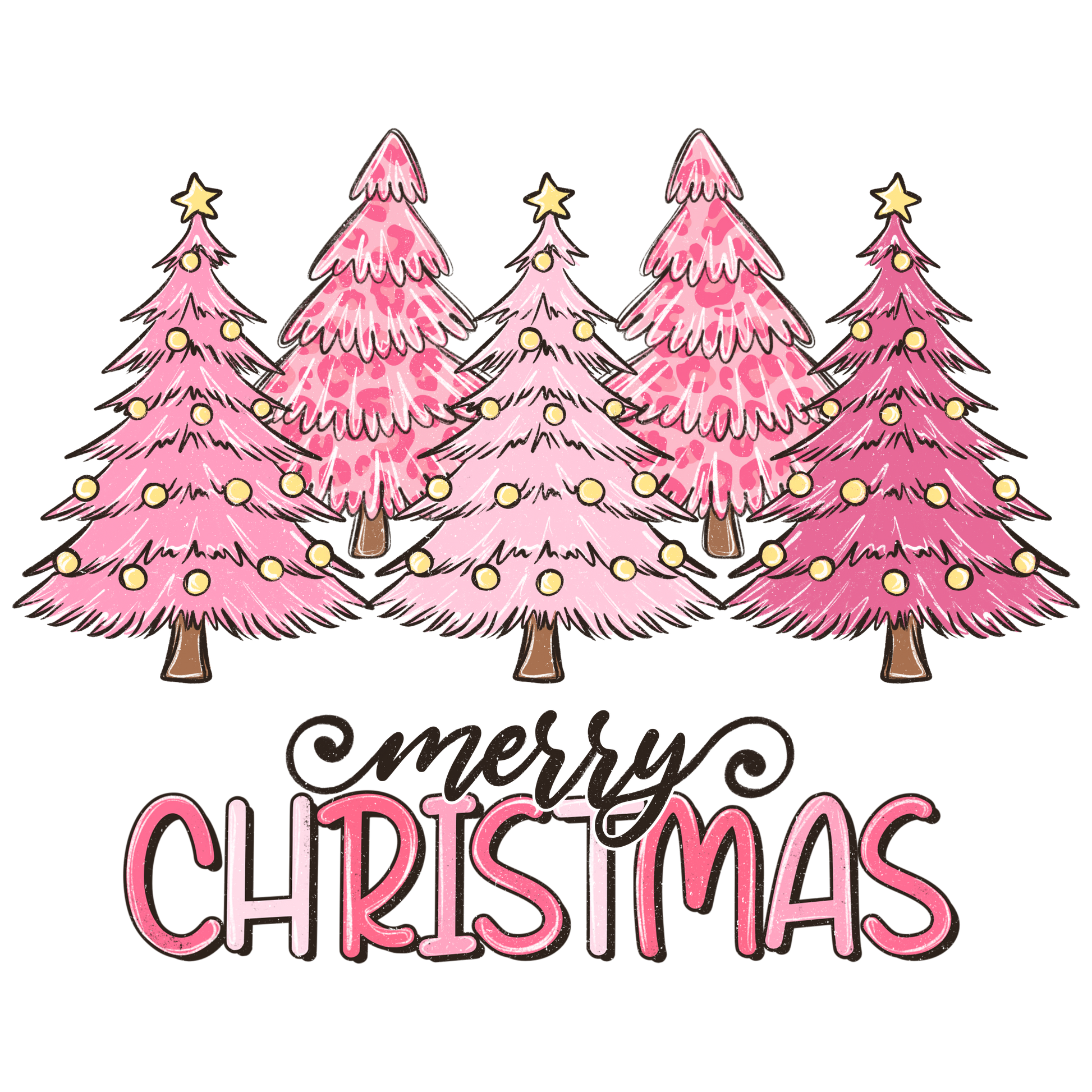 Pink Christmas trees with lights and 'Merry Christmas' text on a white background
