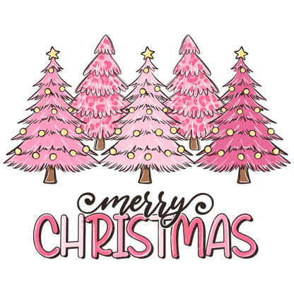 Pink Christmas trees with lights and 'Merry Christmas' text on a white background