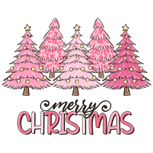 Pink Christmas trees with lights and 'Merry Christmas' text on a white background