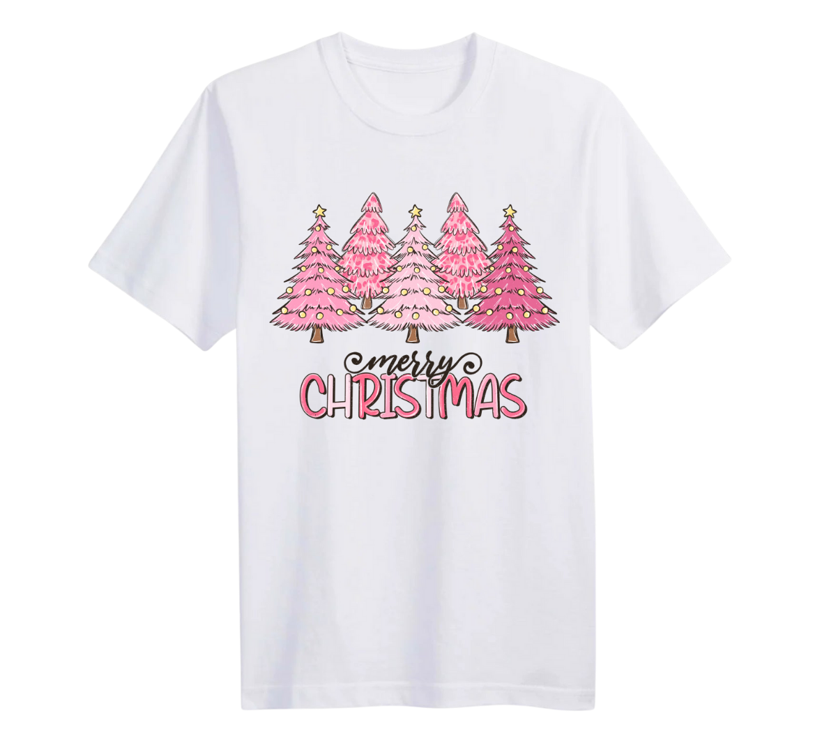 White t-shirt with pink Christmas trees and 'Merry Christmas' text on a white background