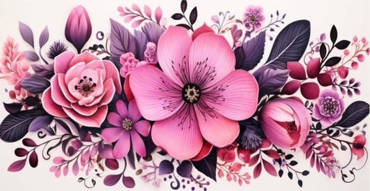 Colorful floral arrangement with pink and purple flowers on a white background