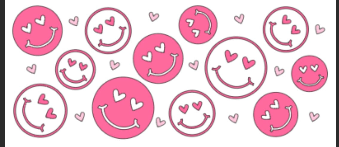A collection of pink smiley face decals with hearts around them, designed for customization on various items like cups and clothing.