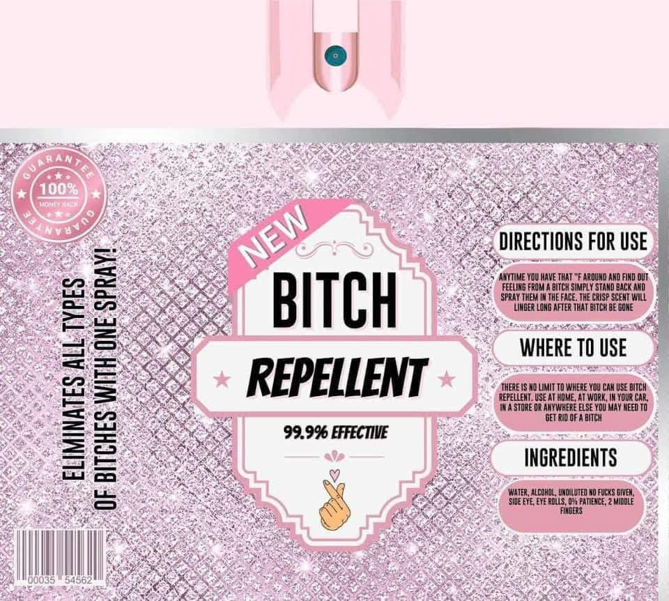 Product packaging labeled 'New B**ch Repellent' with pink and white design.