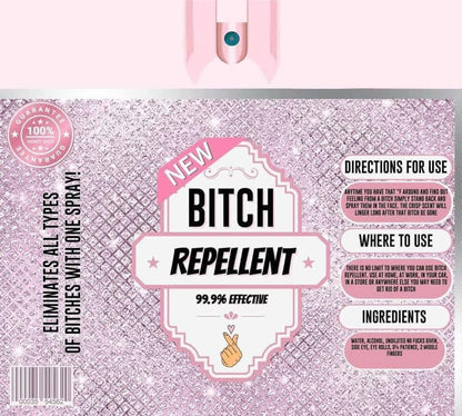 Product packaging labeled 'New B**ch Repellent' with pink and white design.