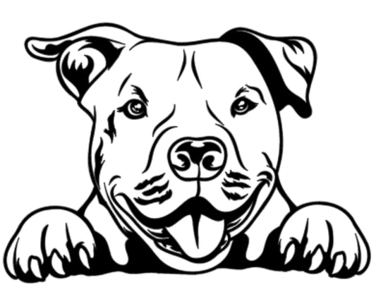 Black and white illustration of a dog peeking over a surface