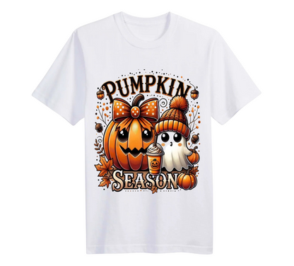 White t-shirt with Halloween-themed design featuring a pumpkin and ghost.