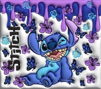 Cartoon character surrounded by flowers and butterflies on a colorful background