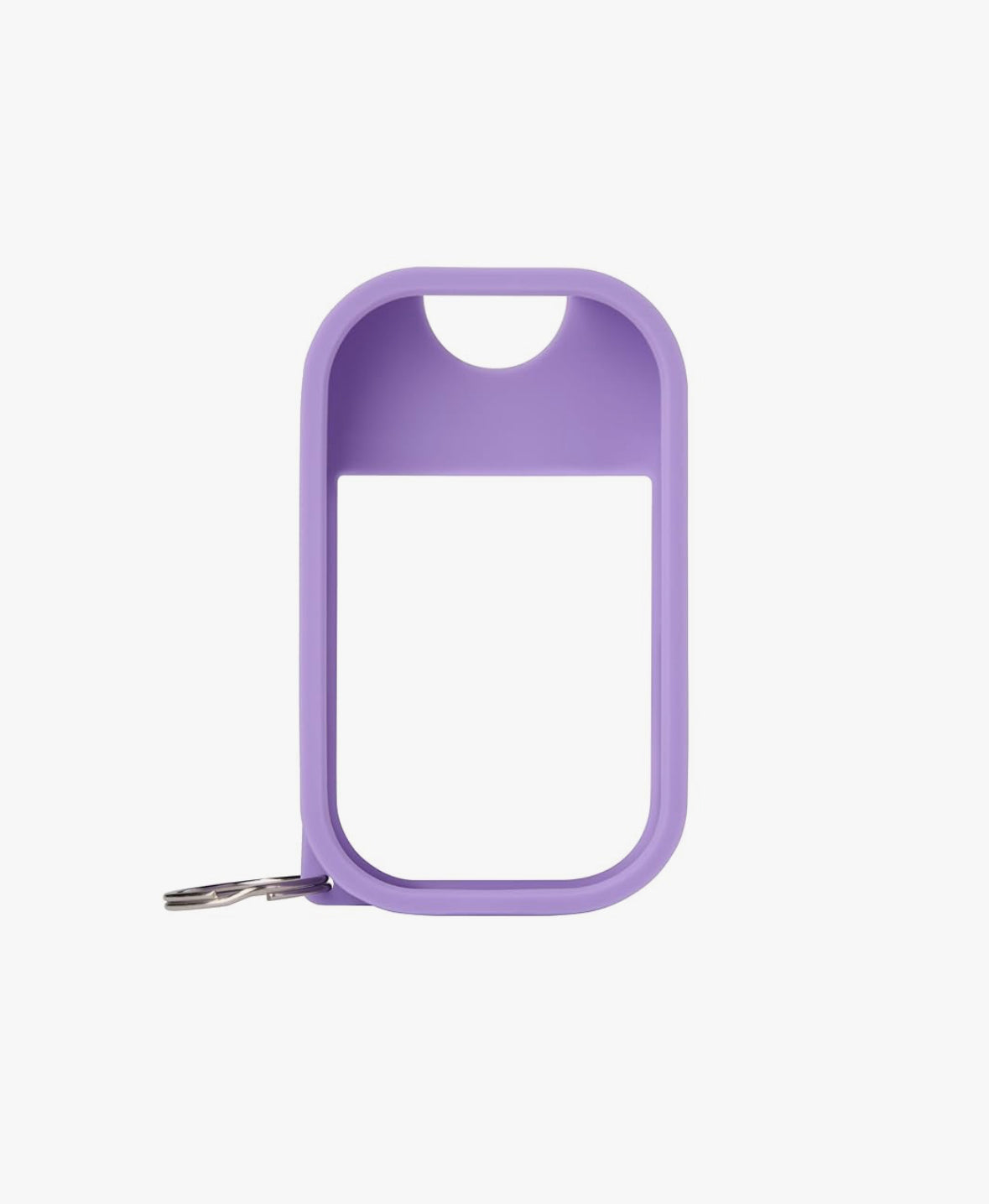 Purple hand sanitizer keychain case on a white background