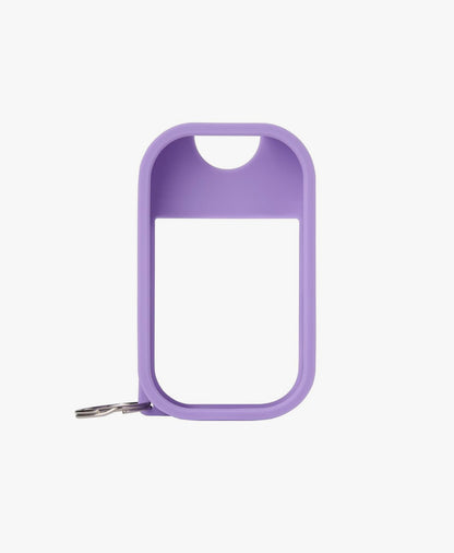 Purple hand sanitizer keychain case on a white background