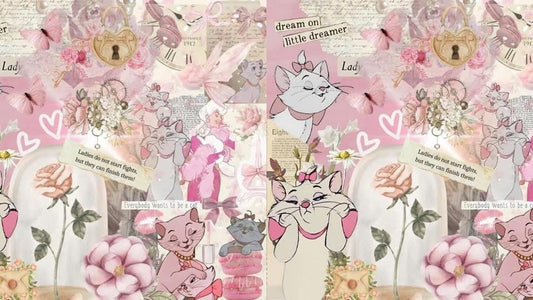 Collage of cartoon cats with floral elements and text on a pink background