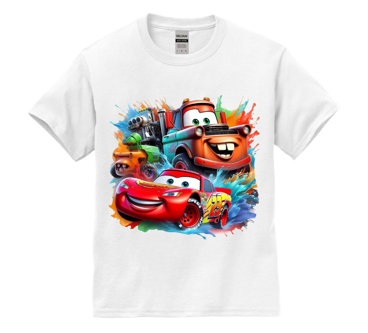 White t-shirt with colorful racing duo cartoon characters on a white background