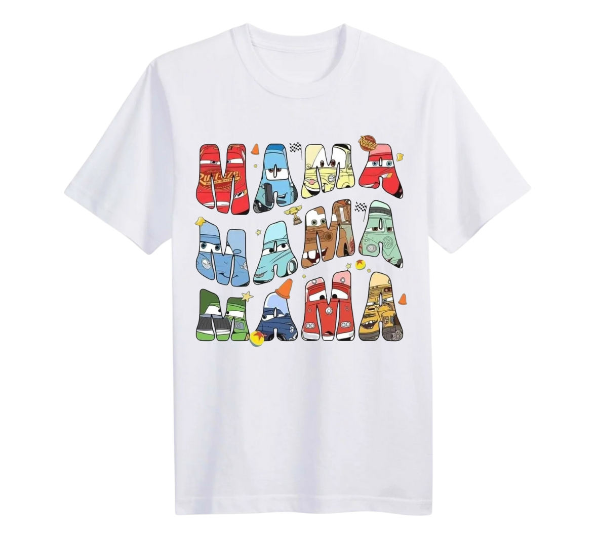 White t-shirt with colorful cartoon character names on a white background