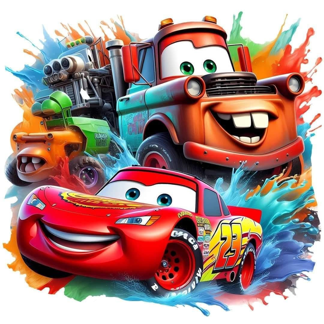 Cartoon racers with colorful splashes on a white background
