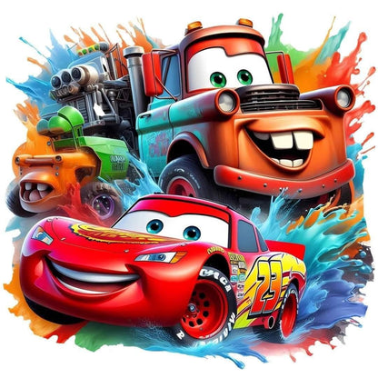 Cartoon racers with colorful splashes on a white background