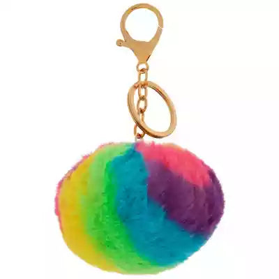 Multicolored pom-pom keychain with a gold clasp on a white background