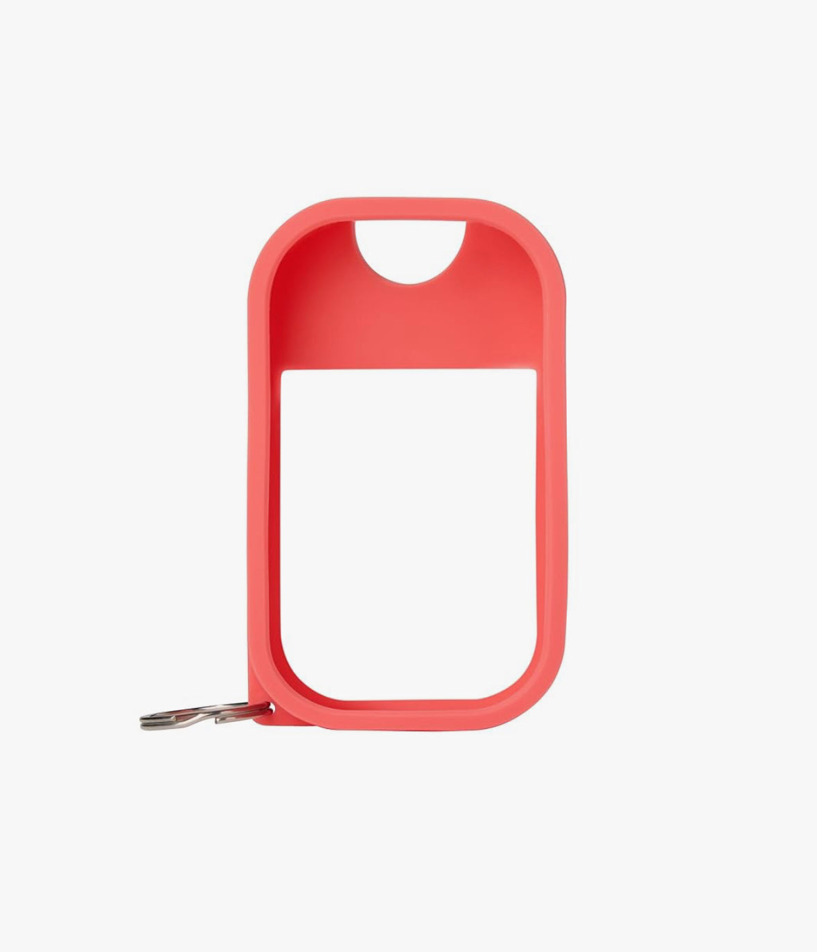 Red silicone hand sanitizer keychain on a white background.