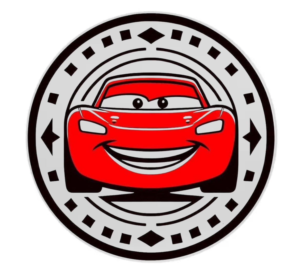 Circular coaster with a red car face in the center on a white background