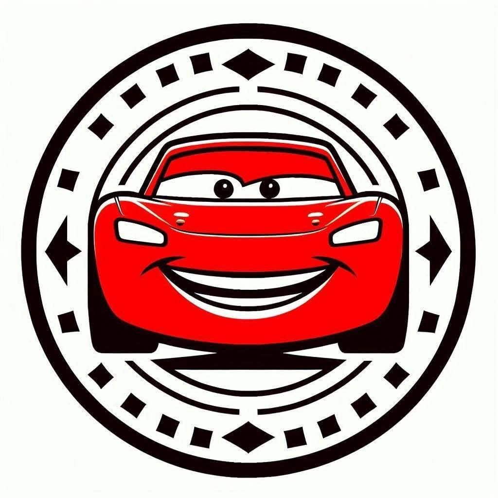Red car with a smiley face on a black and white circular background