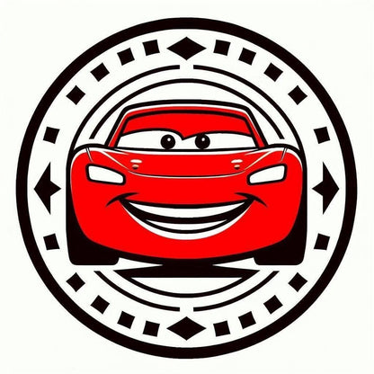 Red car with a smiley face on a black and white circular background