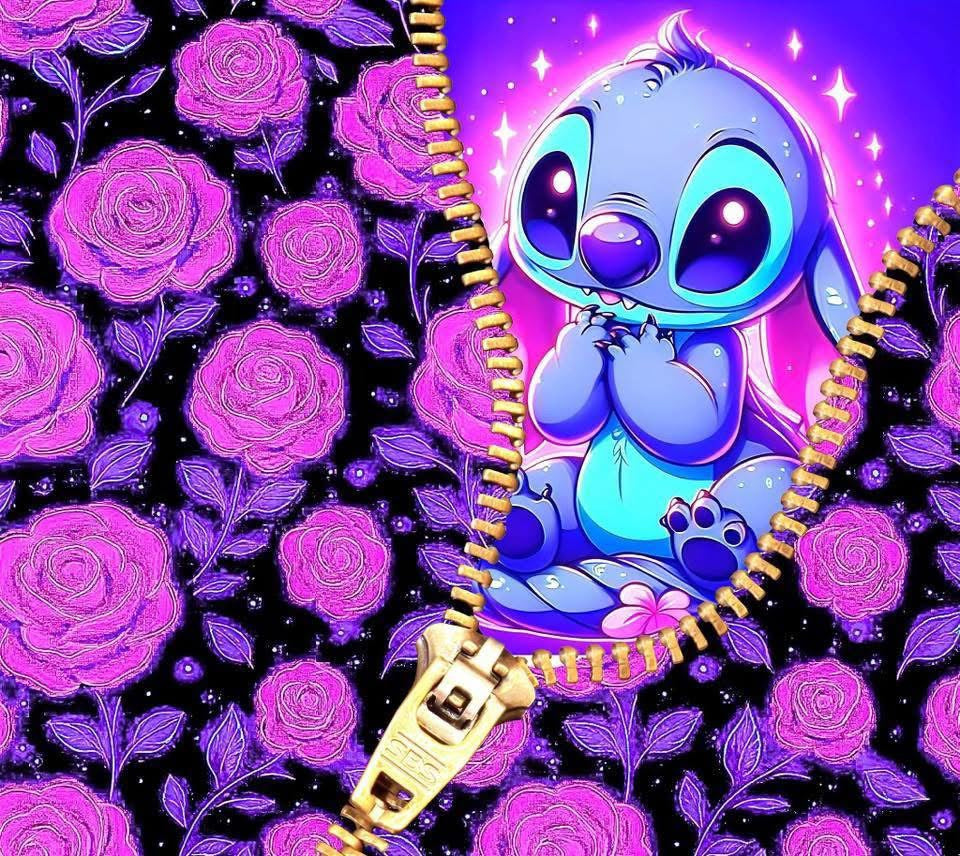 Cartoon character in a zipper with purple roses and gold zipper on a dark background