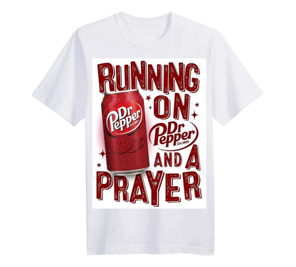 White t-shirt with red Dr Pepper can and text 'Running on Dr Pepper and a Prayer' on a white background