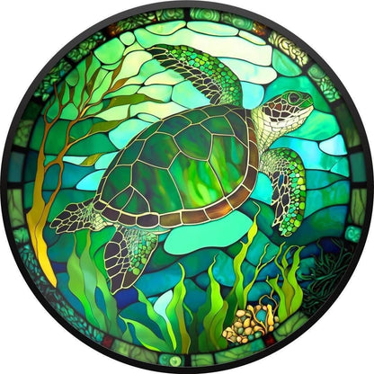 Stained glass-style artwork of a turtle with underwater elements.