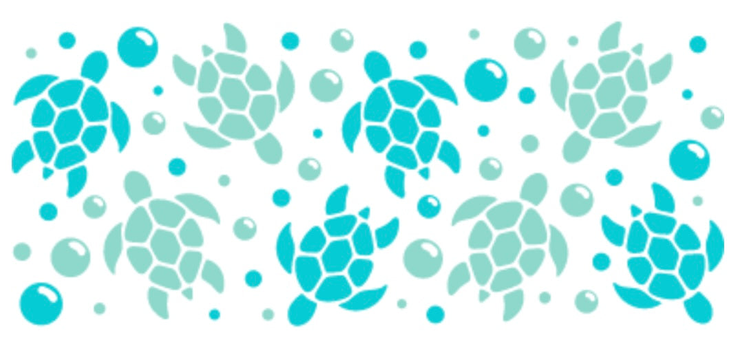 A blue decal featuring a pattern of turtle shapes and bubbles on a white background.