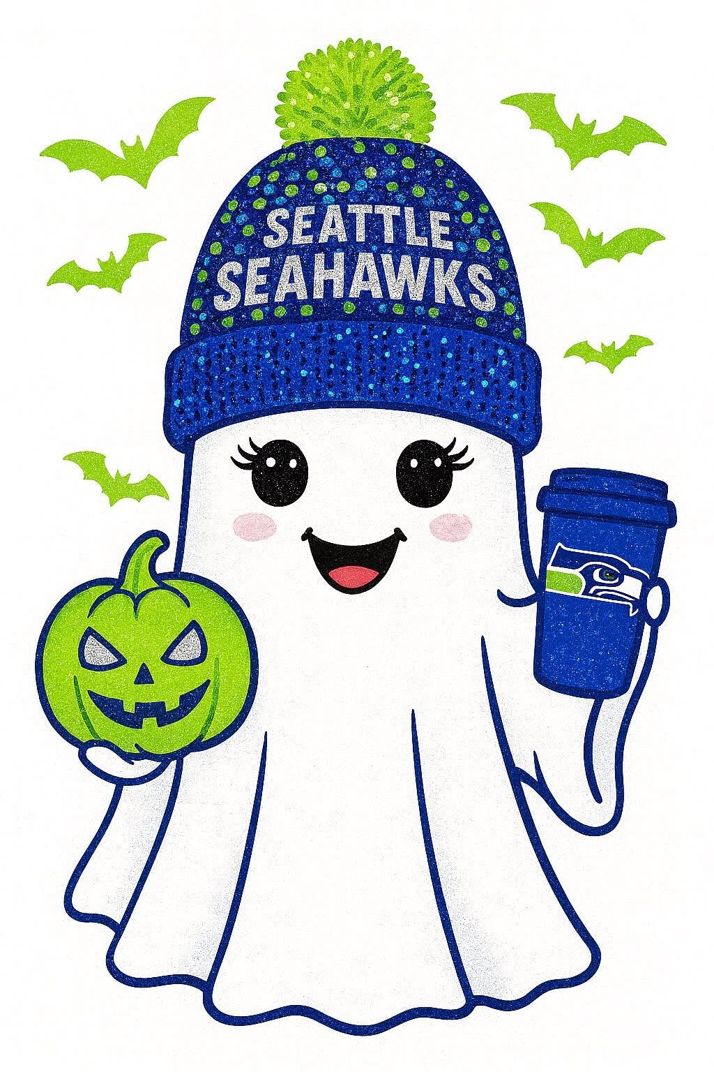 Ghost character wearing a Seattle beanie, holding a pumpkin and a cup with the team logo, surrounded by bats.