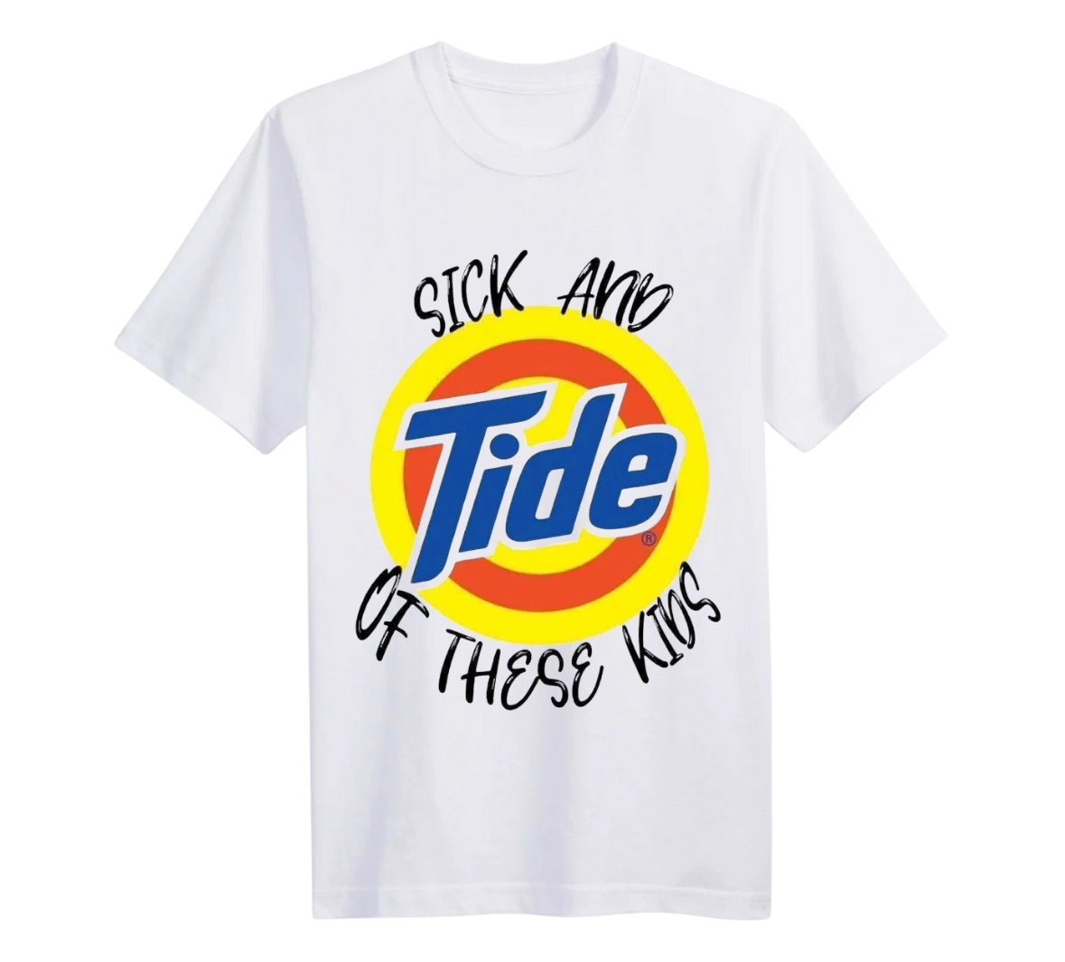 White t-shirt with Tide logo and text on a white background