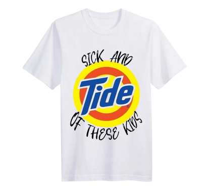White t-shirt with Tide logo and text on a white background