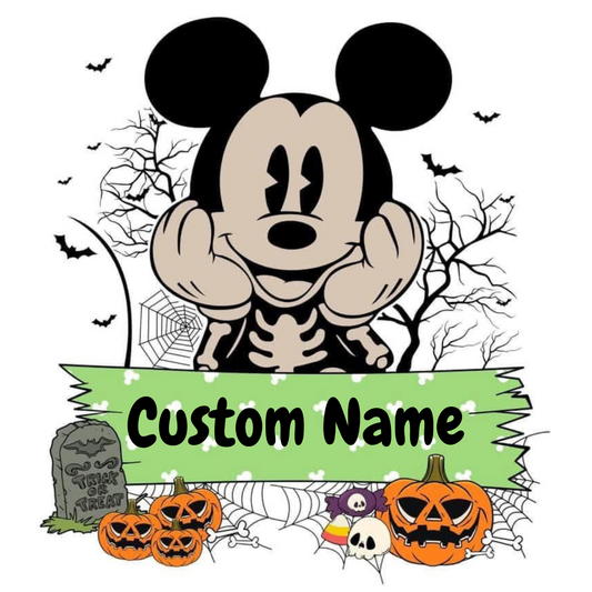 Halloween-themed design with a skeleton Mickey Mouse, pumpkins, and tombstones on a white background.