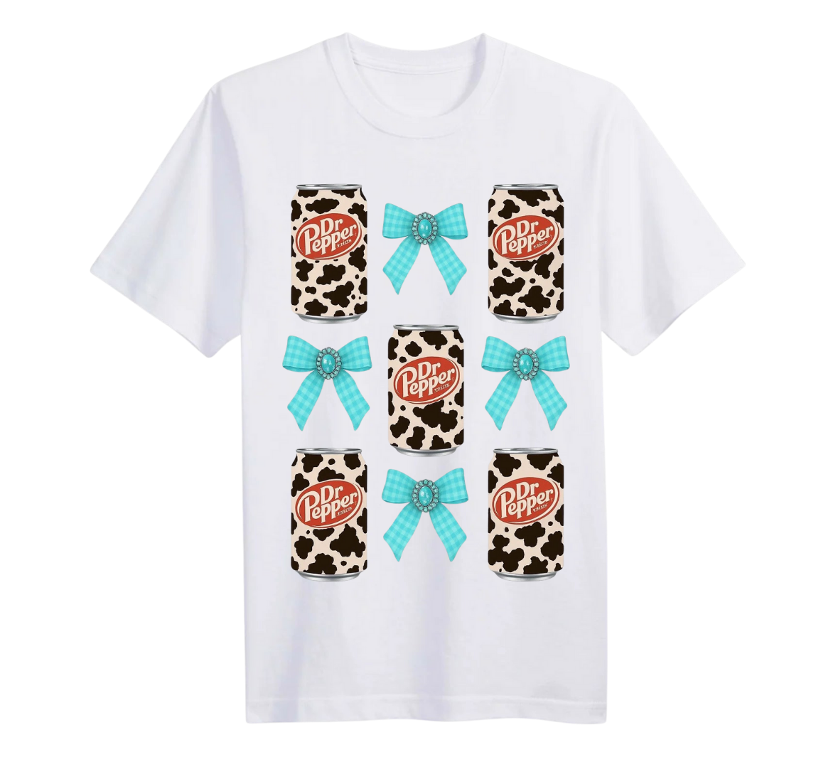 White T-shirt with Dr Pepper cow print cans with blue bows 