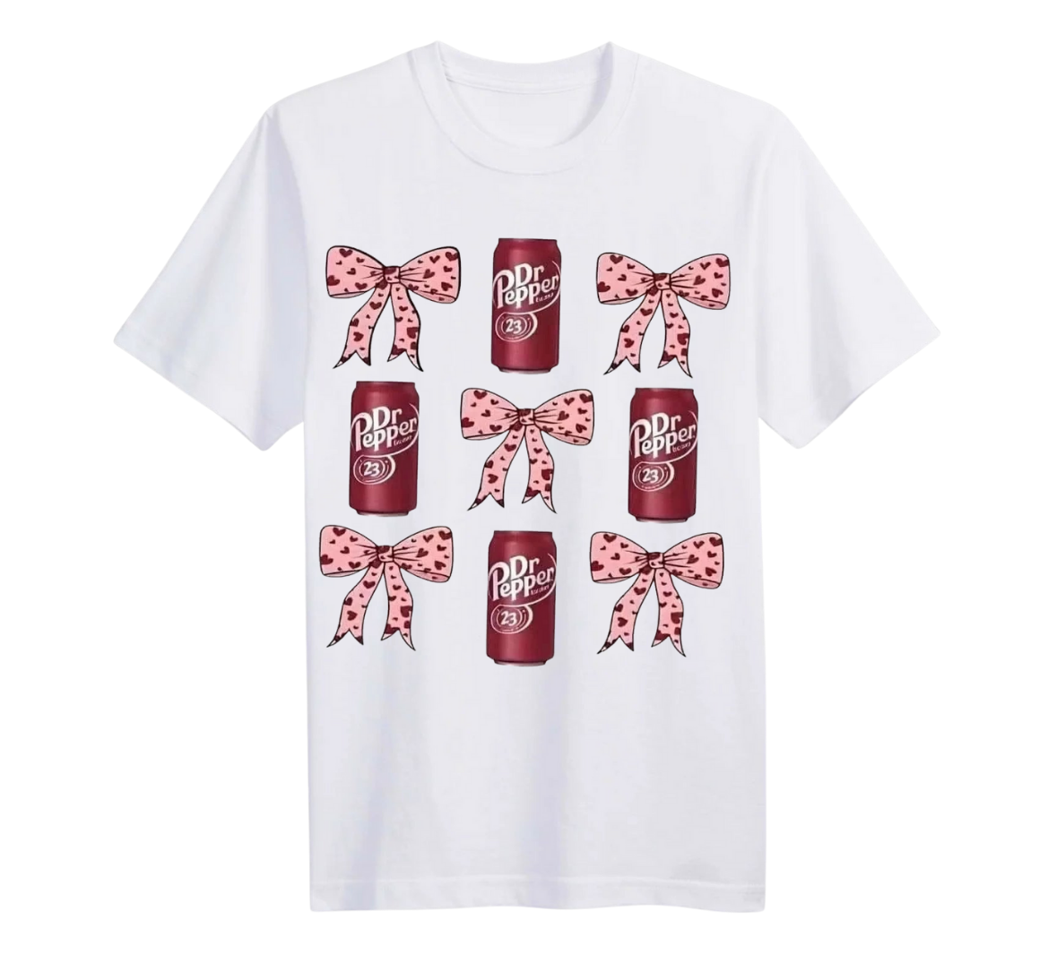White T-shirt with Dr Pepper cans with pink and heart bows