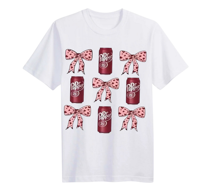 White T-shirt with Dr Pepper cans with pink and heart bows