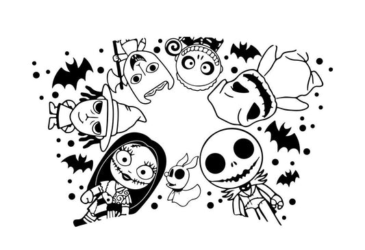 Black and white illustration of cartoon characters with Halloween elements on a white background