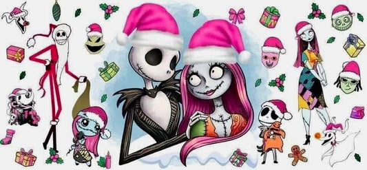 Cartoon characters in festive outfits with Santa hats and Christmas decorations.