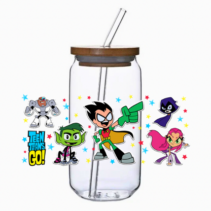 Clear tumbler with bamboo lid and straw featuring superhero cartoon characters on a white background.